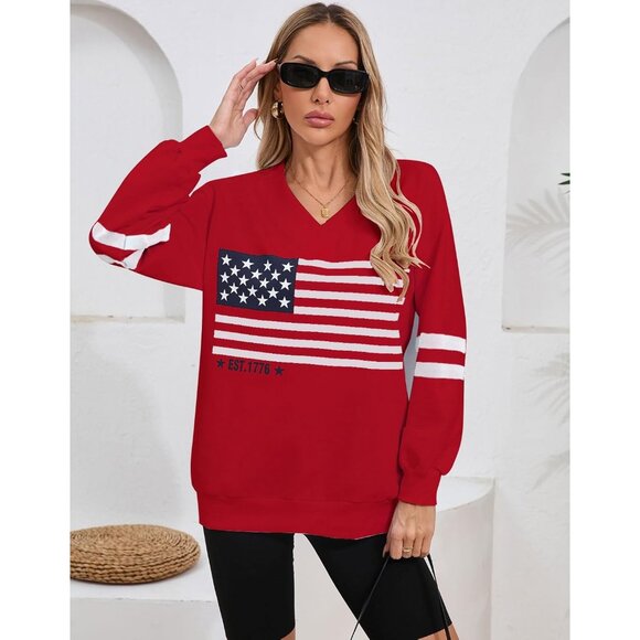 Women’s Oversized V-Neck Sweatshirt Cotton Blend Casual Patriotic Top - Picture 2 of 8